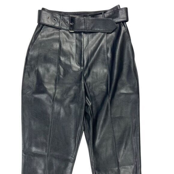Ted Baker Pants Size 2 Black Vegan Leather Faydell Belted High Rise Trousers - Picture 3 of 16